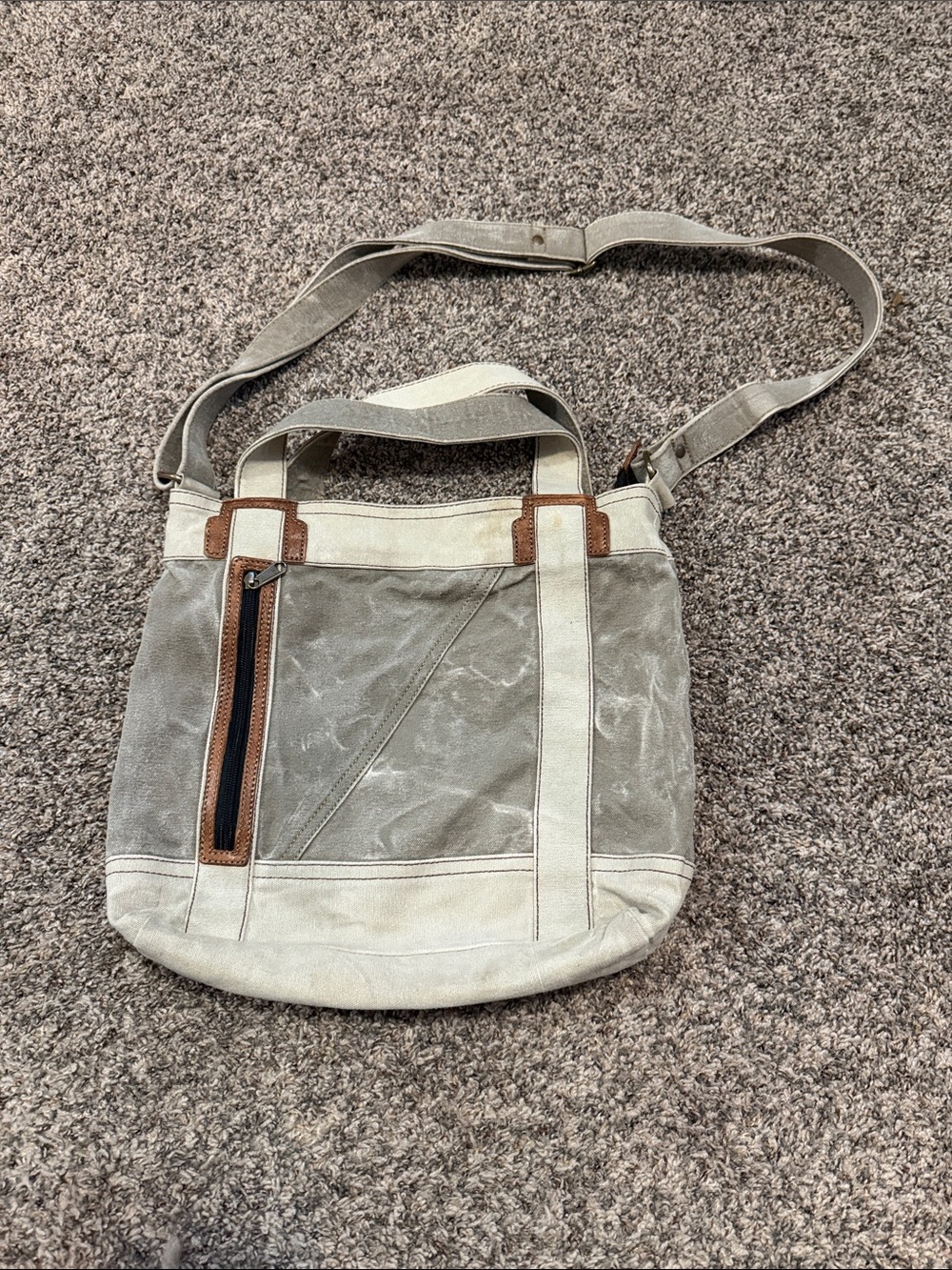 Mona B Recycled Canvas Crossbody Tote in Light Gray and Cream with Brown Trim - Picture 1 of 6
